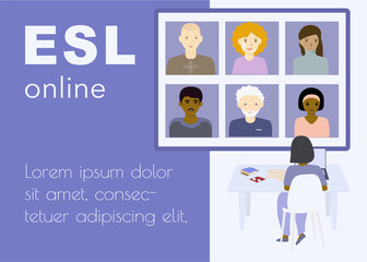 Online education Zoom meeting poster template Online meeting or learning. Video conference. Copy space Vector illustration. 