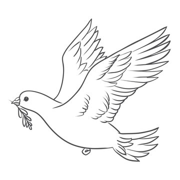 Peace dove with olive branch in the beak flying and hands down.