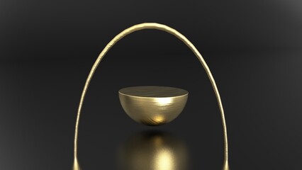 Golden half sphere podium with 3d rendering Semicircular product display geometric stand circle ring
