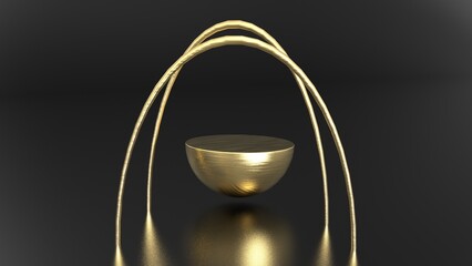 Golden half sphere podium with 3d rendering Semicircular product display geometric stand circle ring