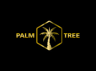 palm tree logo with polygon frame in gold color
