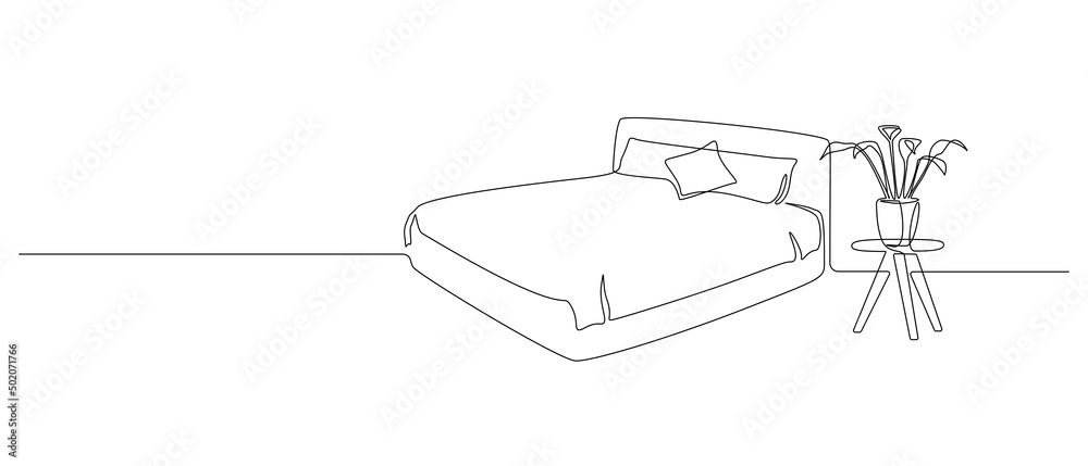 Poster continuous one line drawing of double bed with pillows and house plant. modern furniture for stylish