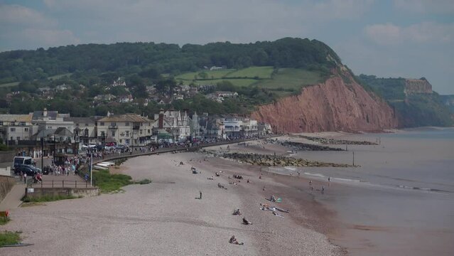 High wideangle view of Sidmouth in Devon.  Pebble beaches and sunshine