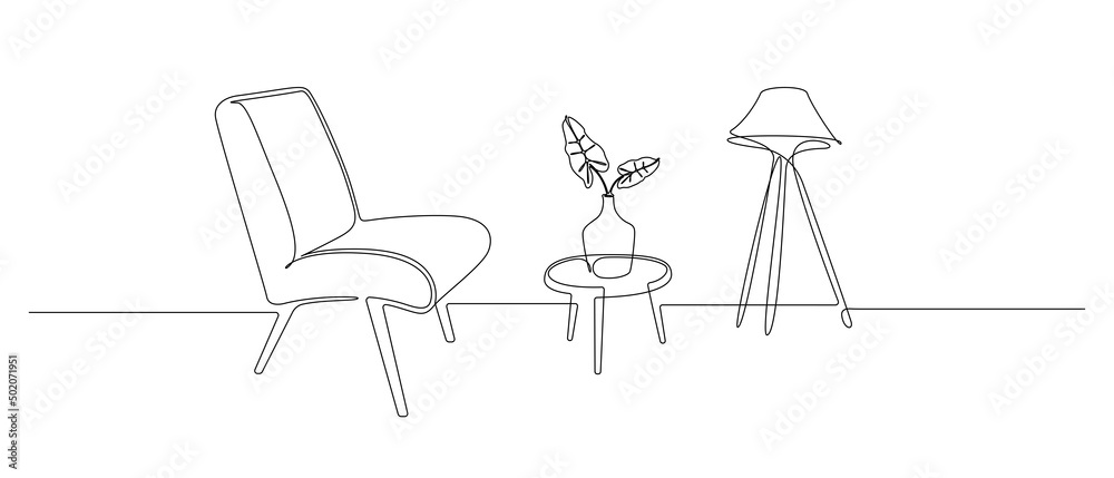 Poster continuous one line drawing of armchair and table with vase and floor lamp. loft stylish furniture f