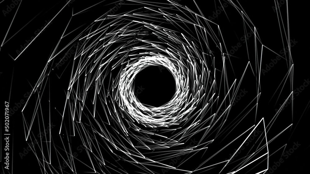 Poster abstract background with animation of white geometric shapesin and abstract futuristic tunnel with l