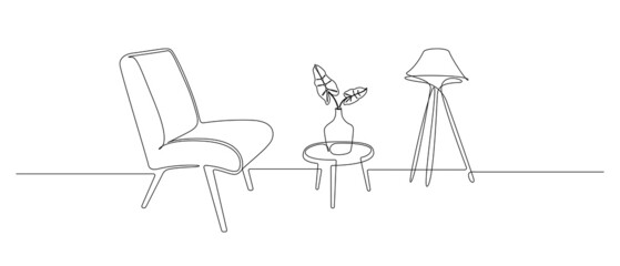 Continuous one line drawing of armchair and table with vase and floor lamp. Loft stylish furniture for living room or hotel concept in simple linear style. Doodle vector illustration