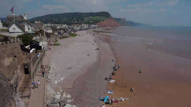 High angle view of Sidmouth in Devon.  Pebble beaches and sunshine