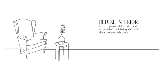 Continuous one line drawing of armchair and table with vase with plant. Vintage stylish furniture for living room or retro hotel concept in simple linear style. Doodle vector illustration