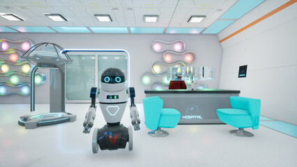 Receptionist robot in hospital, metaverse concept. 3d render