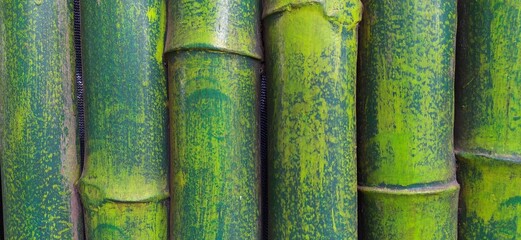 Bunch of bright vibrant fresh yellow and green color tropical round asian bamboo tree stem fence wall abstract background texture pattern with copy space. Beautiful closeup macro detail side view.