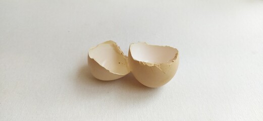 Half broken or hatched single empty inside brown hen, chicken or duck bird egg shell with crack isolated on blank white table background with copy space. Studio shot beautiful closeup macro side view.
