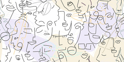 One line drawing. Abstract face seamless pattern.