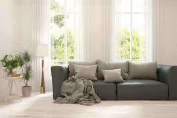 White living room with sofa and summer landscape in window. Scandinavian interior design. 3D illustration