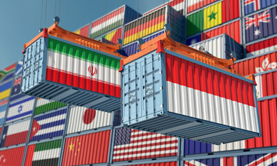 Cargo containers with Iran and Indonesia national flags. 3D Rendering