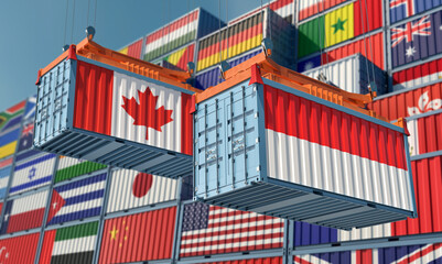 Cargo containers with Canada and Indonesia national flags. 3D Rendering