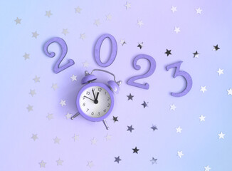 New Years Party Layout with Little Violet Clock, Numbers 2023 and Silver Confetti of Star Shape on a Blue Gradient Background. Top-Down View. Flat Lay Composition ideal for Banner, Greetings, Card.