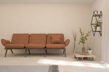 White living room with leather sofa. Scandinavian interior design. 3D illustration