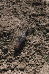 Environmental pollution, empty bottle lying on the bare ground 