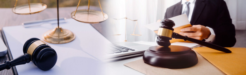 Business and lawyers discussing contract papers with brass scale on desk in office. Law, legal...