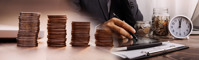 Business women put coin stack money and many bank note in office, Save money for future and Retirement.