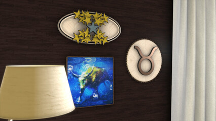 Abstract design of a wall in the room decorated in astrology style with the Earth element sign - Taurus. Animation. Zodiac sign Taurus, golden stars and the blue picture with a bull.