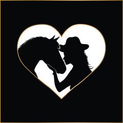 Girl kissing her horse in love. Equestrian hat-wearing women in the golden heart border frame vector.  - obrazy, fototapety, plakaty