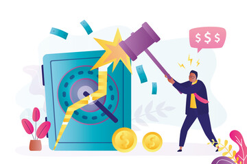 Businessman with hammer breaking safe. Concept of wealth achievement and repayment of debts