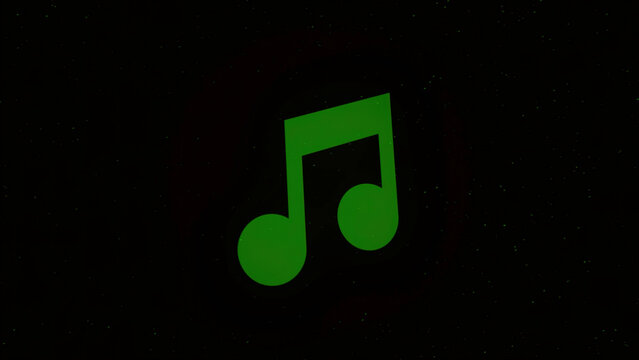 Abstract flying and swirling space dust transforming into green note isolated on black background. Animation. Colorful space dust becoming note icon, music concept.