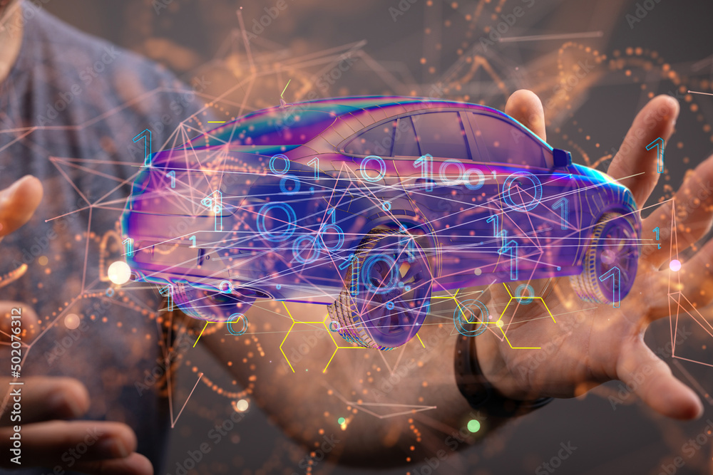 Poster autonomous car with hud graphic of navigation system driving