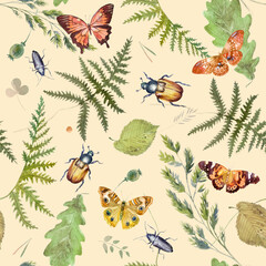 Watercolor illustration. Pattern of butterflies, beetles, leaves, herbs and plant branches. Watercolor freehand drawing of flowers on a beige background.