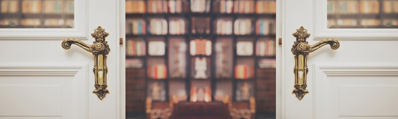 Library with many books and old door. Banner, reading books background. Old interior