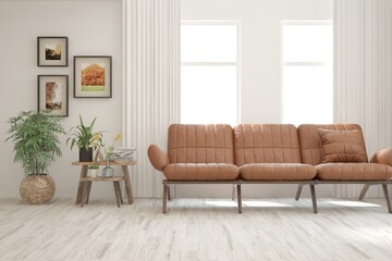 White living room with orange sofa. Scandinavian interior design. 3D illustration