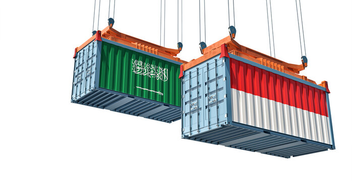 Cargo containers with Saudi Arabia and Indonesia national flags. 3D Rendering