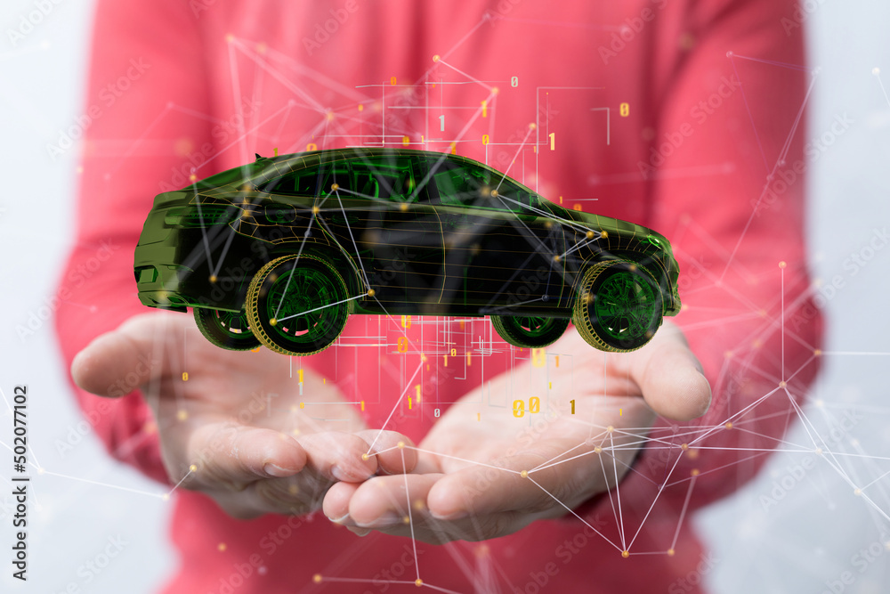 Poster autonomous car with hud graphic of navigation system driving