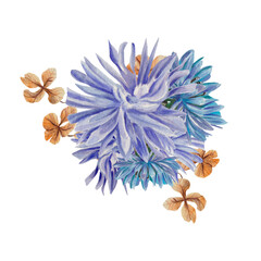 Watercolor bouquet of cornflower, dry herbs, petals. Vivid spring, summer botanical arrangement. For wedding invites, posters, greeting cards, stationery, packaging, logo, postcards, labels, florists 