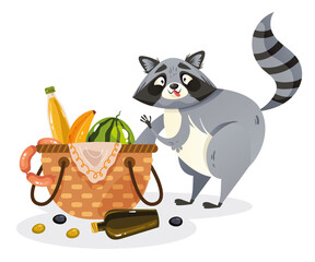 Hungry raccoon character steal food from basket concept. Vector cartoon design illustration © PrettyVectors