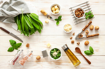 Ingredients for Wild Garlic Pesto cooking, delicious savory sauce for Italian pasta  -  Ramson herbs, cheese, walnuts, basil, olive oil. Top view on white background
