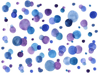 Watercolor background, blue circles on white isolated background, abstract background