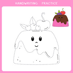 Handwriting practice sheet. Simple educational game for kids. Vector illustration of cute cupcake for coloring book