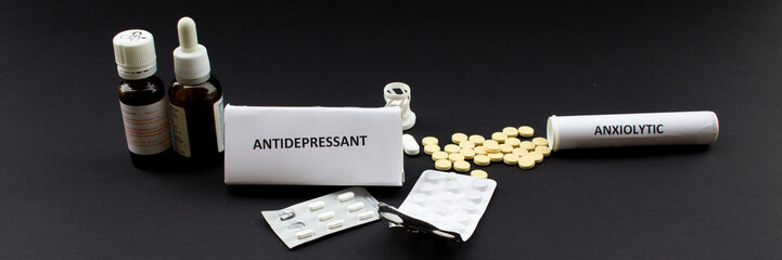 Picture of anxiolytics, antidepressants and sleeping pills. Addiction, abuse and abstinence in the...