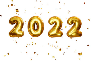 2022 text effect 3d numbers on white isolated background with confetti. Golden inflatable foil balloons. Merry Xmas. 3d render illustration
