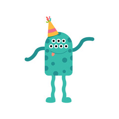 Vector cute monster. Illustration of alien in flat style. Happy birthday greeting card