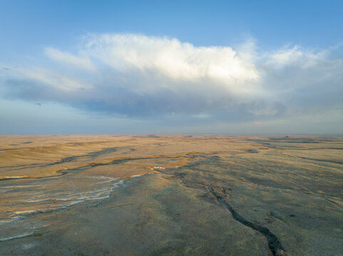 sunset over Colorado prairie - early spring aerial view