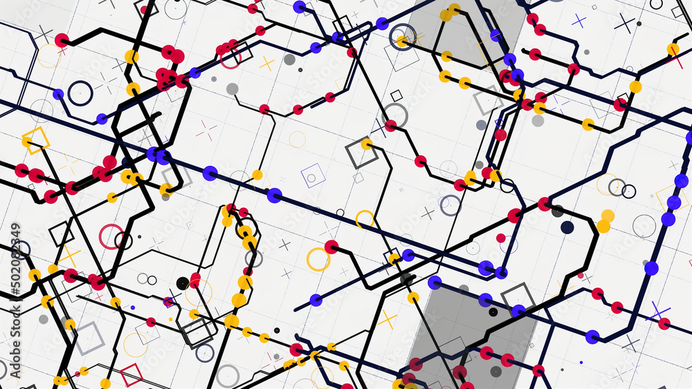 Poster electric scheme circuit with bright abstract signals flowing into different directions on white back