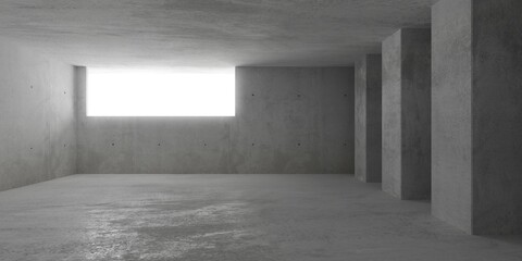 Abstract empty, modern concrete walls room with opening in the back wall and wide cement pillars and rough floor - industrial interior background template