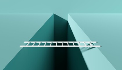 White ladder bridging gap in the floor, modern minimal business sucess, achievement or obstacle concept - obrazy, fototapety, plakaty