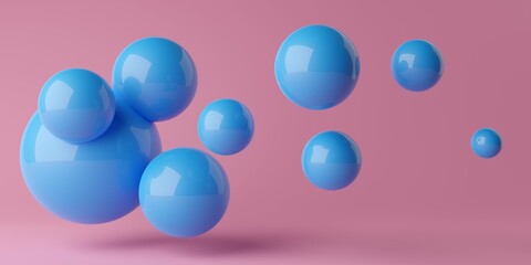 Abstract blue shiny sphere bubbles over pink background, modern minimal template
