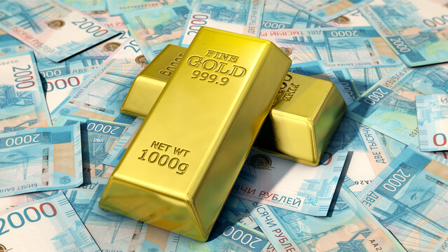 Goldbarren auf russischen Rubelscheinen -  Rubel und Goldpreis