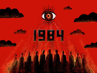 The eye of big brother over a burning crowd of people. A metaphor of dictatorship, totalitarian regime and propaganda. Raster illustration. - obrazy, fototapety, plakaty