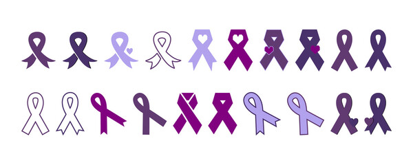 Set of purple ribbon icons. Dementia awareness, cancer, epilepsy and Alzheimer's disease, against homophobia and domestic violence. Vector elements isolated on white background. Awareness ribbons. - obrazy, fototapety, plakaty